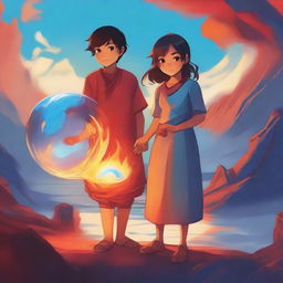 A young boy holding a sphere of water in his hands, standing next to a young girl holding a sphere of fire