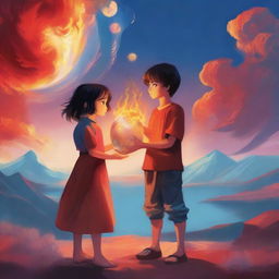 A young boy holding a sphere of water in his hands, standing next to a young girl holding a sphere of fire