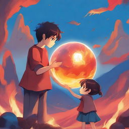 A young boy holding a sphere of water in his hands, standing next to a young girl holding a sphere of fire