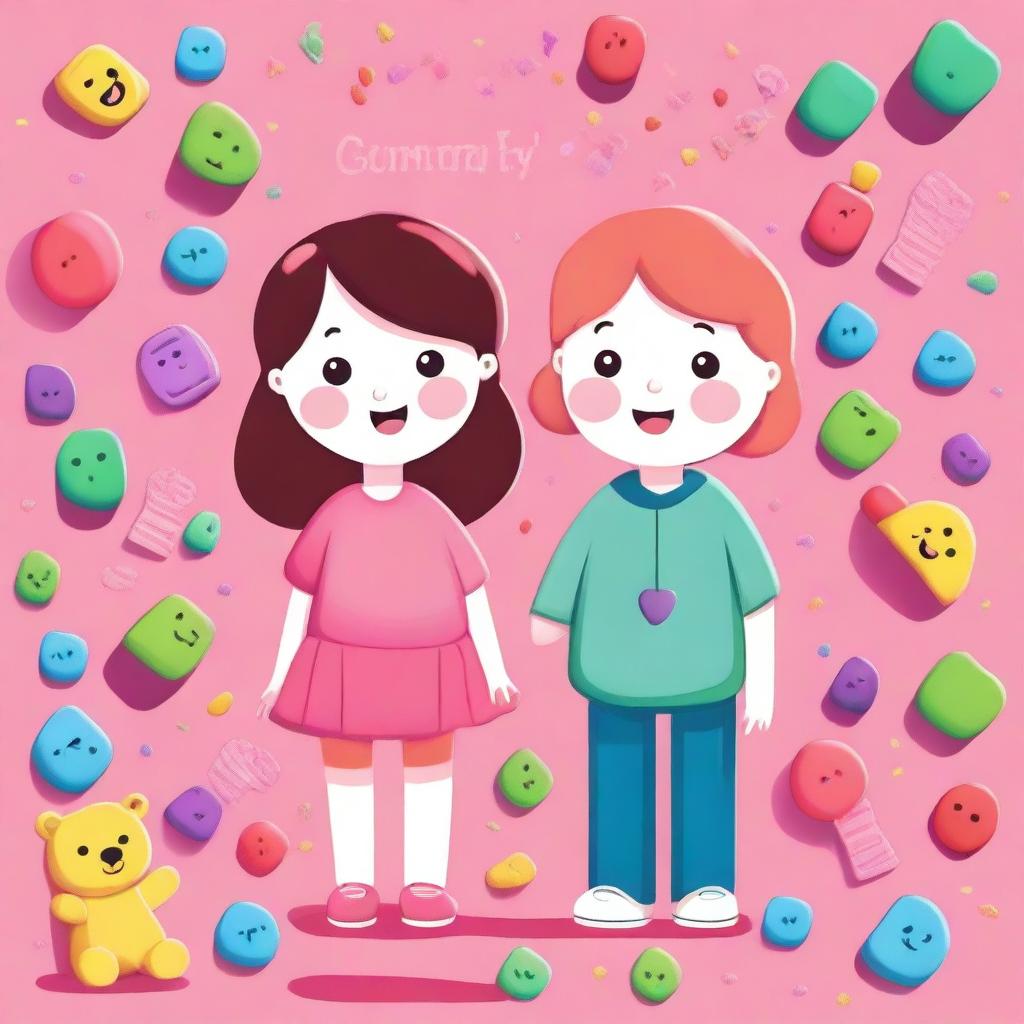 A cute illustration featuring a girl and a boy with a pink background