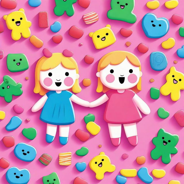 A cute illustration featuring a girl and a boy with a pink background