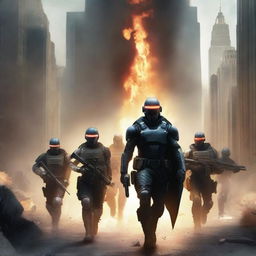 A futuristic book cover titled 'AMEROPOLIS' featuring a platoon of 5 soldiers with black capes in a city with an American flag on fire