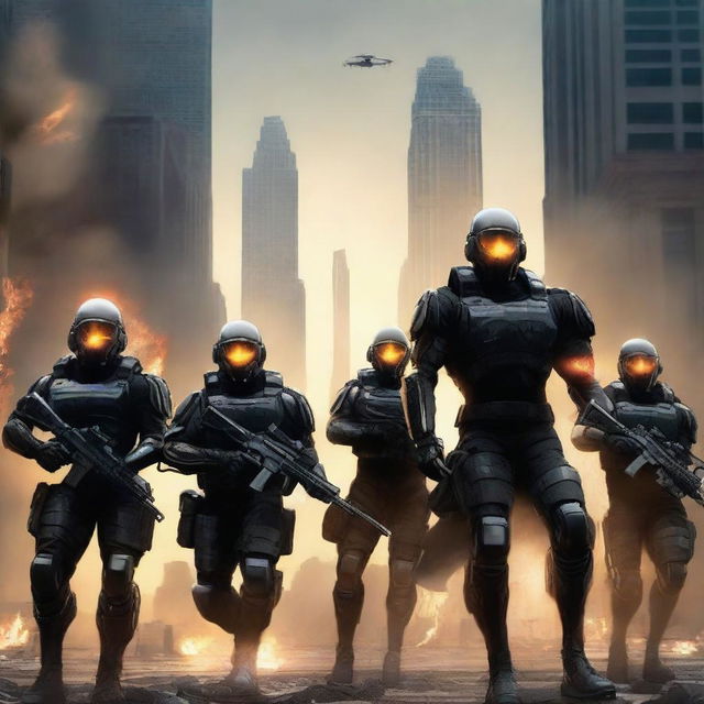 A futuristic book cover titled 'AMEROPOLIS' featuring a platoon of 5 soldiers with black capes in a city with an American flag on fire