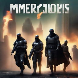 A futuristic book cover titled 'AMEROPOLIS' featuring a platoon of 5 soldiers with black capes in a city with an American flag on fire