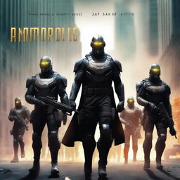 A futuristic book cover titled 'AMEROPOLIS' featuring a platoon of 5 soldiers with black capes in a city with an American flag on fire