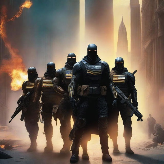 A futuristic book cover titled 'AMEROPOLIS' featuring a platoon of 5 soldiers with black capes in a city with an American flag on fire