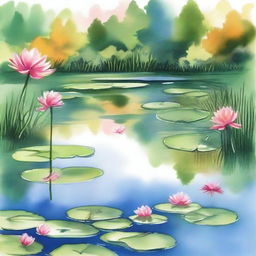 Create a watercolor drawing of a serene pond scene