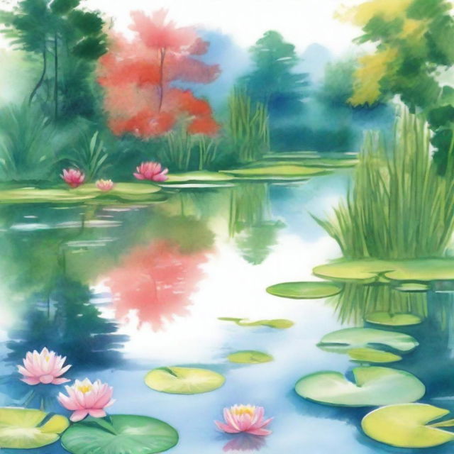 Create a watercolor drawing of a serene pond scene