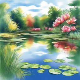 Create a watercolor drawing of a serene pond scene