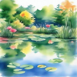 Create a watercolor drawing of a serene pond scene