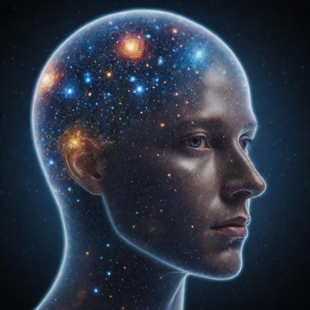 A transparent human head with a cosmos of stars, planets, and galaxies contained within it, reflecting the concept of inner beauty and intelligence.