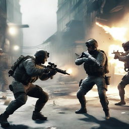 Three soldiers in a Call of Duty: Warzone setting, engaged in intense combat