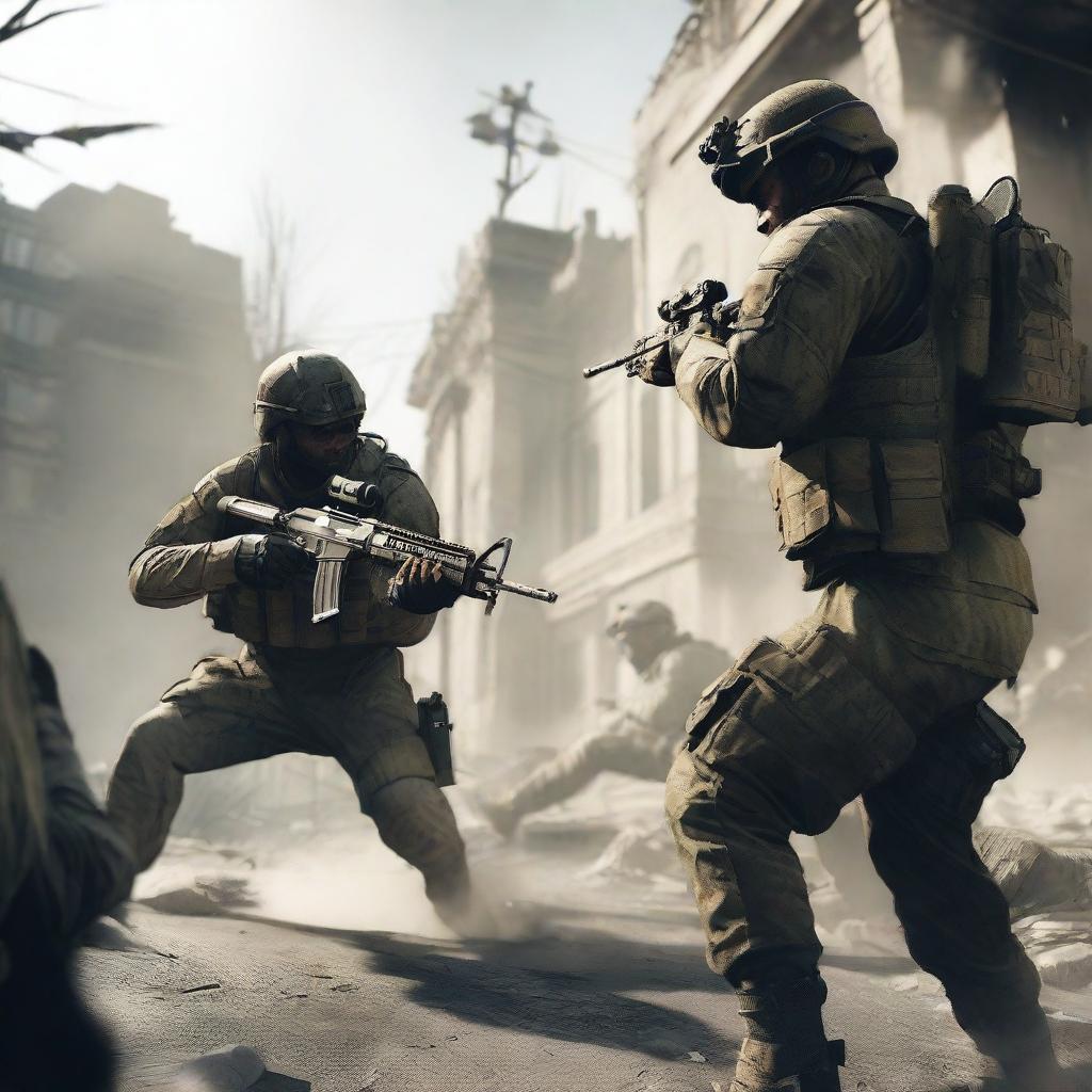 Three soldiers in a Call of Duty: Warzone setting, engaged in intense combat