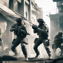 Three soldiers in a Call of Duty: Warzone setting, engaged in intense combat