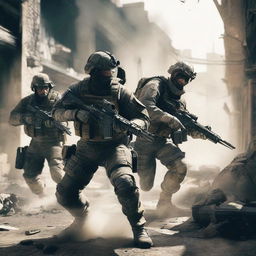 Three soldiers in a Call of Duty: Warzone setting, engaged in intense combat