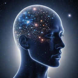 A transparent human head with a cosmos of stars, planets, and galaxies contained within it, reflecting the concept of inner beauty and intelligence.