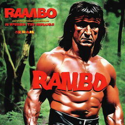 Portada de la película Rambo en español, mostrando a Rambo con su icónica banda roja en la cabeza, sosteniendo una ametralladora en un entorno de jungla