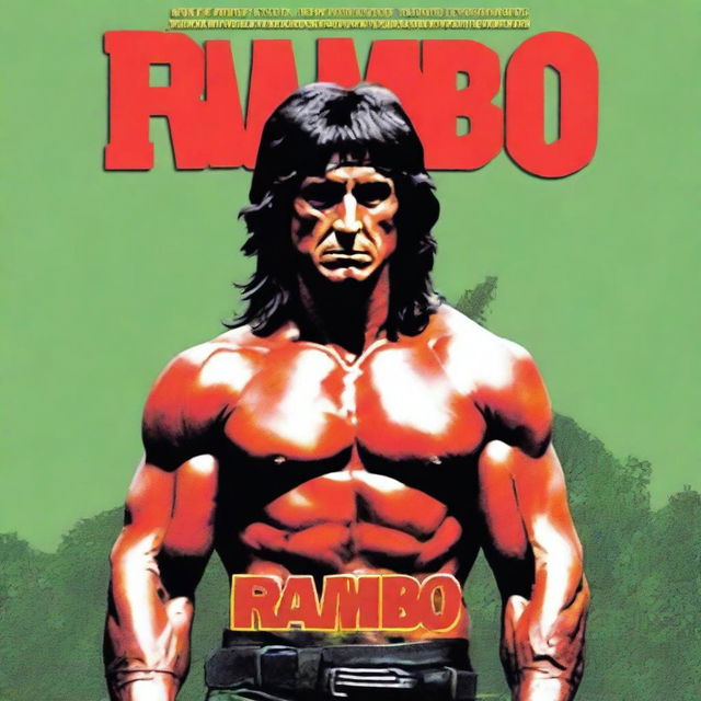 Portada de la película Rambo en español, mostrando a Rambo con su icónica banda roja en la cabeza, sosteniendo una ametralladora en un entorno de jungla