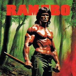 Portada de la película Rambo en español, mostrando a Rambo con su icónica banda roja en la cabeza, sosteniendo una ametralladora en un entorno de jungla