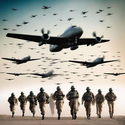 Portada que muestra un ejército de personas marchando con aviones de batalla volando en el cielo