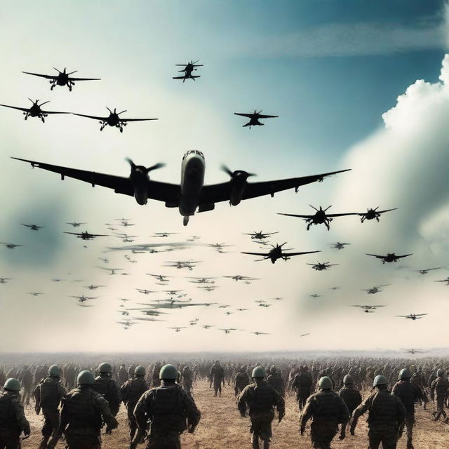 Portada que muestra un ejército de personas marchando con aviones de batalla volando en el cielo