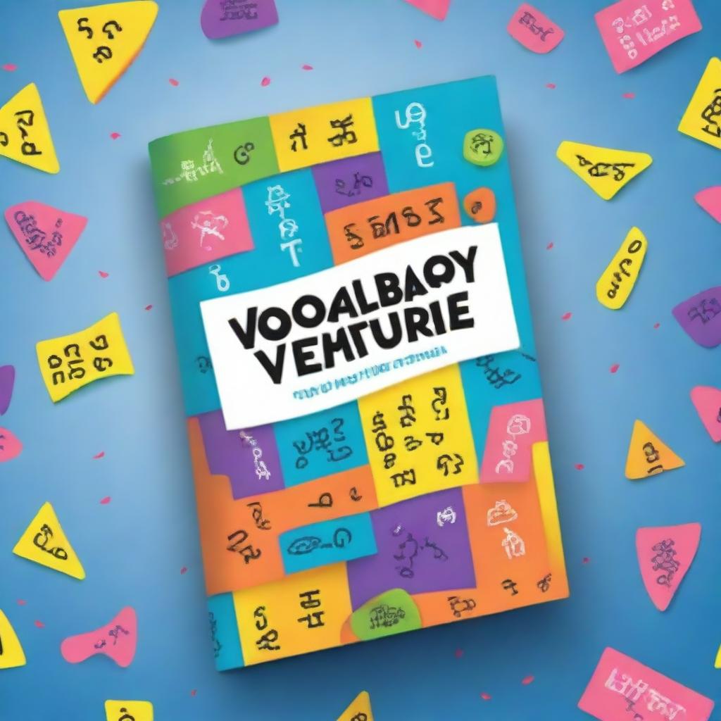 Create a vibrant book cover titled 'Vocabulary Venture: Wordsearch for everyone'