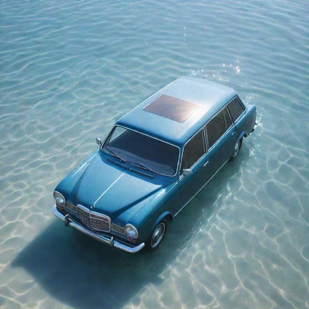 A realistic, detailed car partially submerged in crystal clear water, with sunlight shining off the wet surface.