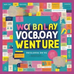 Design a book cover titled 'Vocabulary Venture: Wordsearch for everyone'