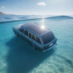 A realistic, detailed car partially submerged in crystal clear water, with sunlight shining off the wet surface.