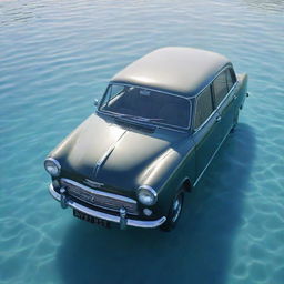 A realistic, detailed car partially submerged in crystal clear water, with sunlight shining off the wet surface.