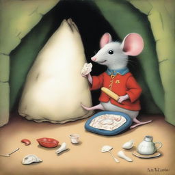 A whimsical and friendly depiction of 'el raton de los dientes' (the tooth mouse) collecting teeth from under pillows