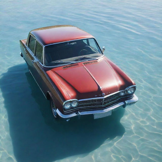 A realistic, detailed car partially submerged in crystal clear water, with sunlight shining off the wet surface.