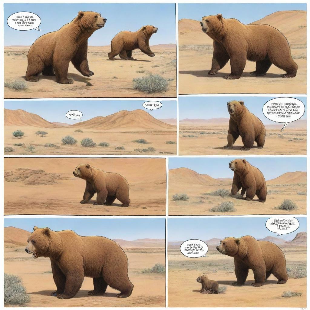 A comic strip featuring the Mazaalai, also known as the Gobi bear, a rare species from Mongolia. Show it engaging in playful, endearing activities typical of its behavior in its natural desert habitat.