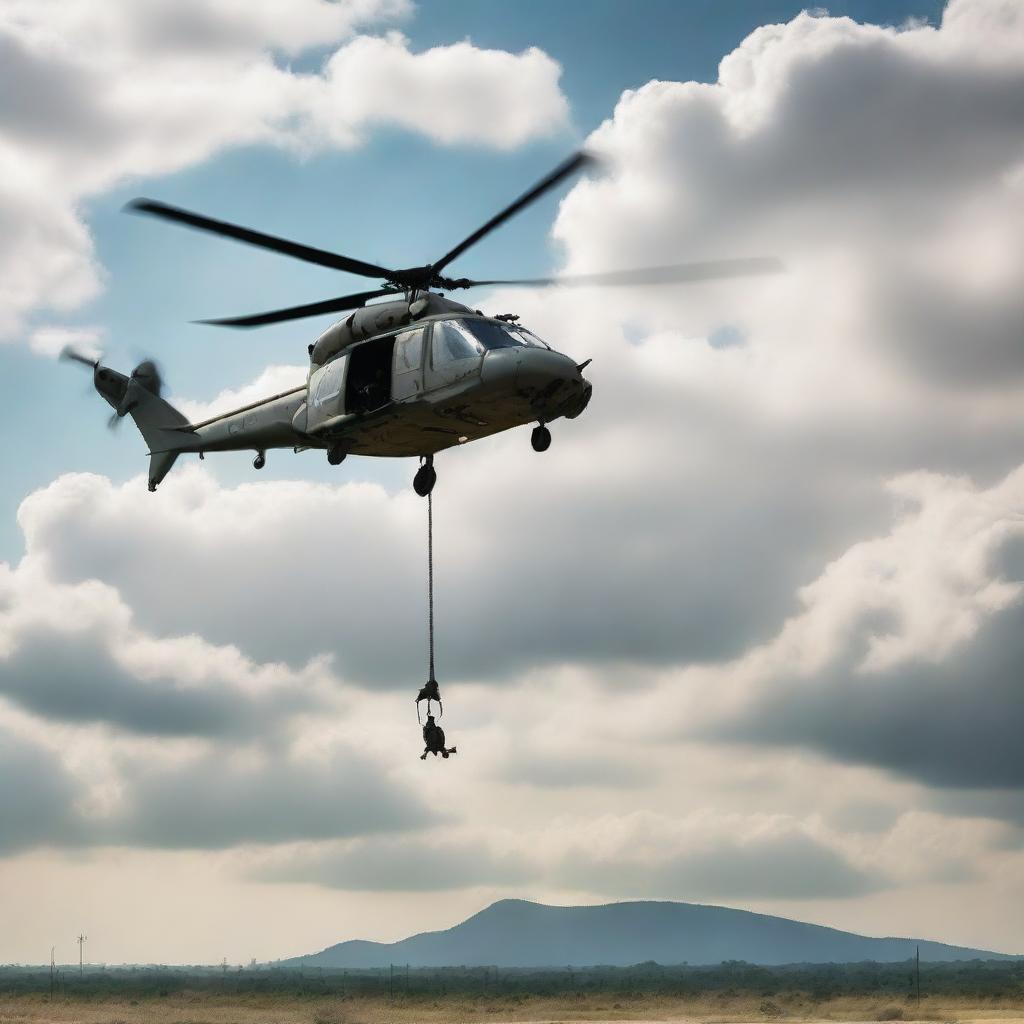 Portada que muestra un helicóptero militar grande volando, con soldados abajo de él