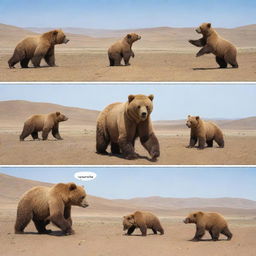 A comic strip featuring the Mazaalai, also known as the Gobi bear, a rare species from Mongolia. Show it engaging in playful, endearing activities typical of its behavior in its natural desert habitat.