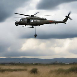 Portada que muestra un helicóptero militar grande volando, con soldados abajo de él