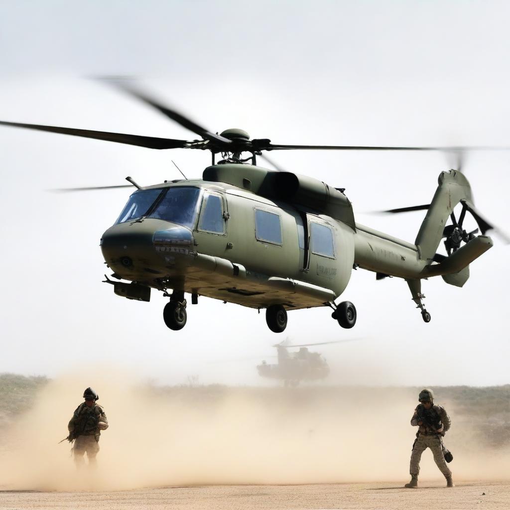 Portada que muestra un helicóptero militar grande volando sobre un grupo de soldados en el suelo