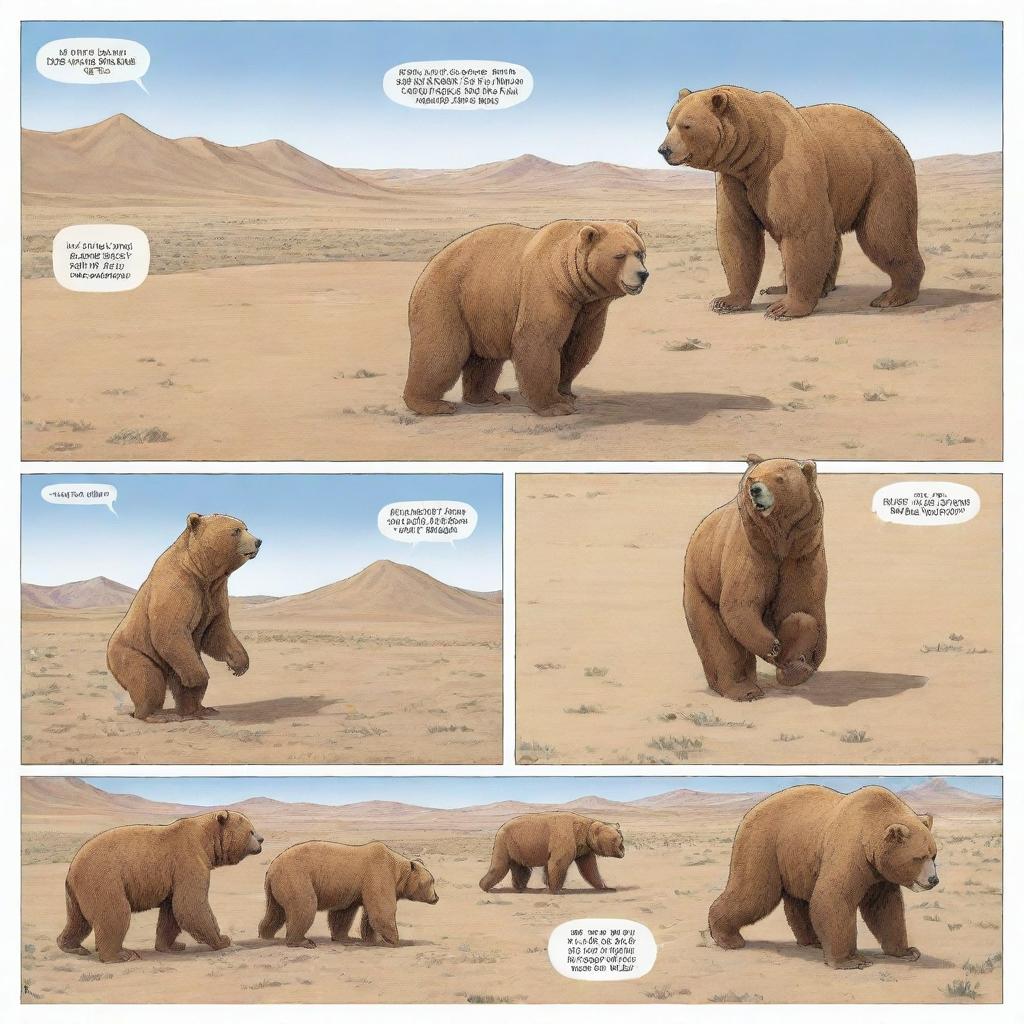 A comic strip featuring the Mazaalai, also known as the Gobi bear, a rare species from Mongolia. Show it engaging in playful, endearing activities typical of its behavior in its natural desert habitat.