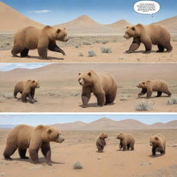 A comic strip featuring the Mazaalai, also known as the Gobi bear, a rare species from Mongolia. Show it engaging in playful, endearing activities typical of its behavior in its natural desert habitat.