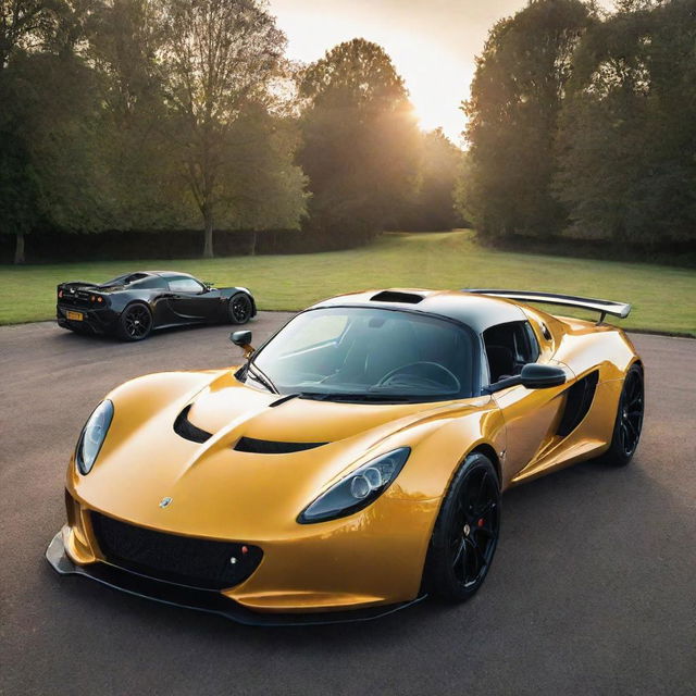 A Hennessey Venom GT Spyder sports car parked next to a Lotus Exige, both in a glossy finish, reflecting the sunlight