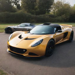 A Hennessey Venom GT Spyder sports car parked next to a Lotus Exige, both in a glossy finish, reflecting the sunlight