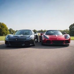 A Hennessey Venom GT Spyder sports car parked next to a Lotus Exige, both in a glossy finish, reflecting the sunlight