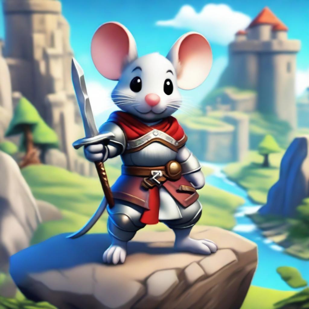 A heroic mouse character from a video game, wearing a small suit of armor and wielding a tiny sword