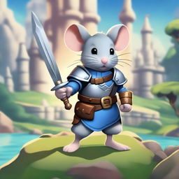 A heroic mouse character from a video game, wearing a small suit of armor and wielding a tiny sword