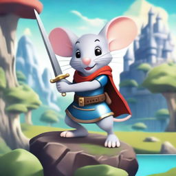 A heroic mouse character from a video game, wearing a small suit of armor and wielding a tiny sword