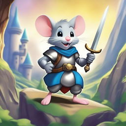 A heroic mouse character from a video game, wearing a small suit of armor and wielding a tiny sword