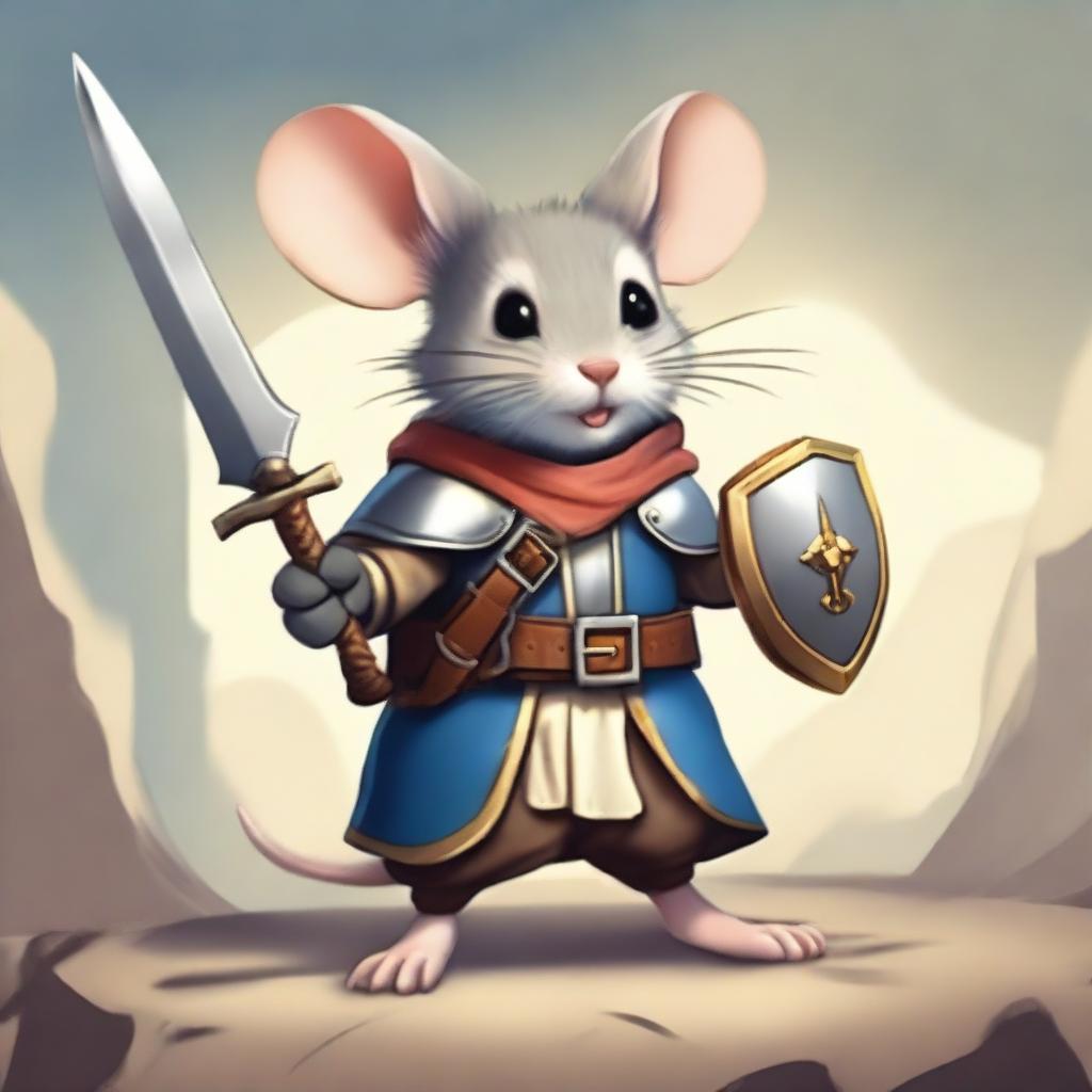 A brave and heroic mouse character from an epic video game, standing valiantly with a tiny sword and shield, ready to embark on a grand adventure