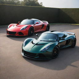 A Hennessey Venom GT Spyder sports car parked next to a Lotus Exige, both in a glossy finish, reflecting the sunlight