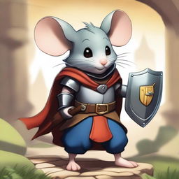 A brave and heroic mouse character from an epic video game, standing valiantly with a tiny sword and shield, ready to embark on a grand adventure