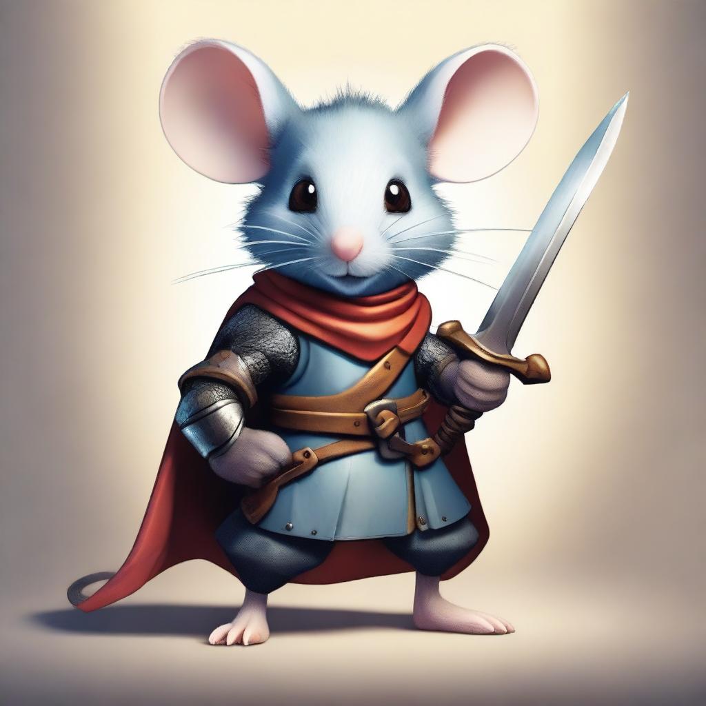 A brave and heroic mouse character from an epic video game, standing valiantly with a tiny sword and shield, ready to embark on a grand adventure